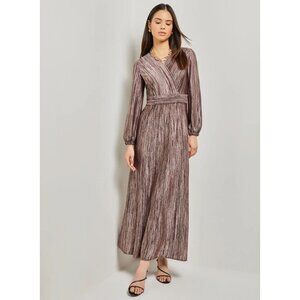 Misook Bishop sleeve Jacquard knit Maxi Dress Maroon Metallic Gold Large